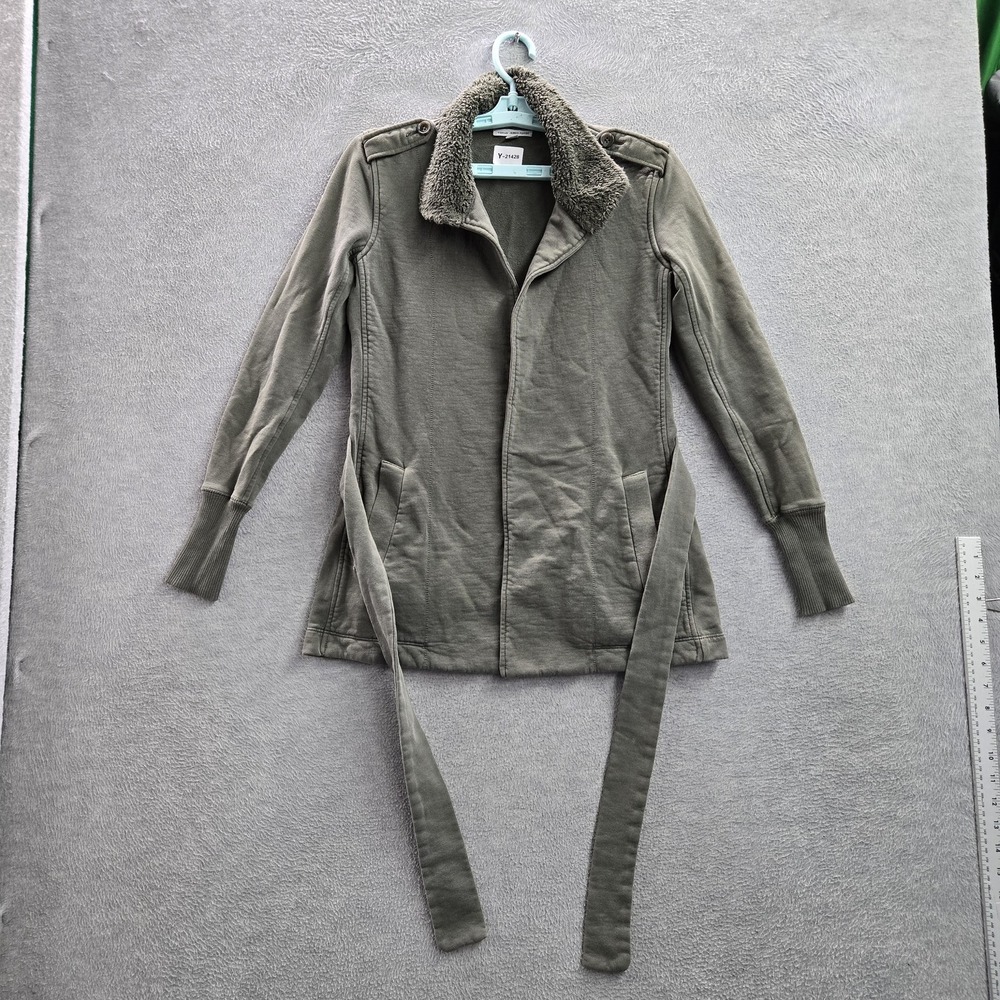 James Perse Women Jacket 1 Gray Coastal Grandmother Button Belted Faux Fur
